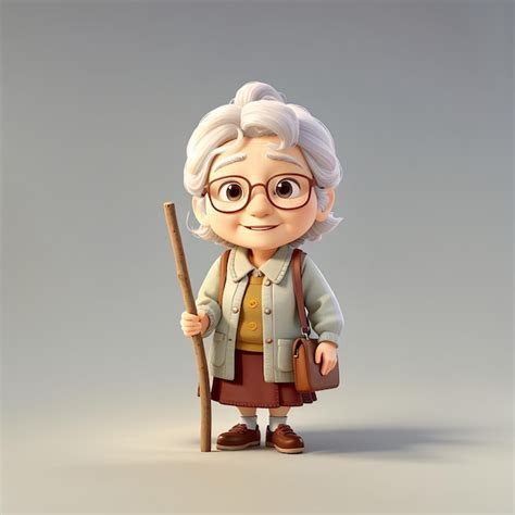 Premium Photo Cute Grandmother Cartoon Standing Bring Stick