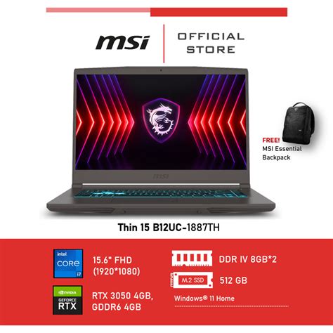 MSI Thin 15 B12UC 1887TH 15 6 FHD I7 RTX 3050 4GB Memory 8GB 2