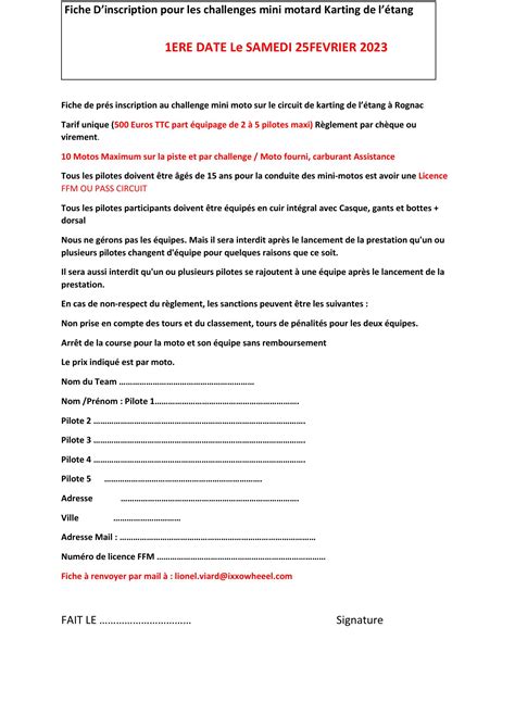 Fiche De D Inscription Pour Les Challenges Mini Motard Karting