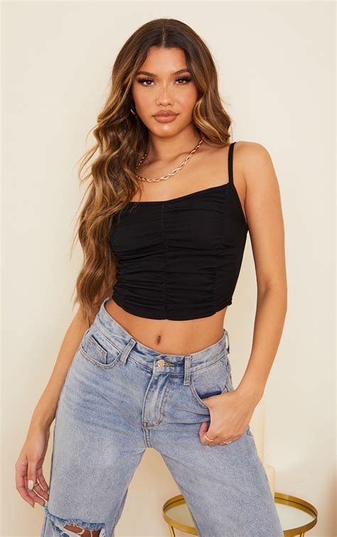 Black Rib Extreme Ruched Crop Top Tops Prettylittlething Usa