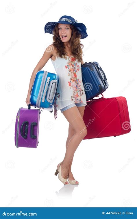 Woman Traveller With Suitcase Isolated Stock Photo Image Of Oversized