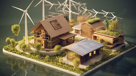 Rumah Berkelanjutan Dan Turbin Angin Di Atas Air 3d Ilustrasi Energi