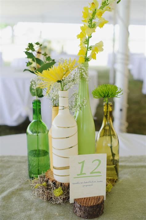 DIY Wedding Centerpieces Yellow And Green Wine Bottles And Tree