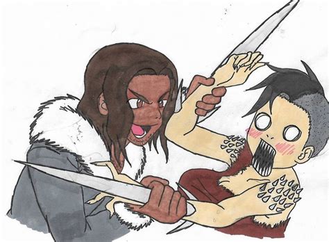 A Drawing Of Two People With One Holding A Knife And The Other Biting