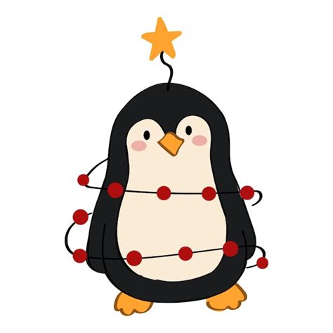 Pinguim Bonito Dos Desenhos Animados Envolto Em Guirlanda De Natal