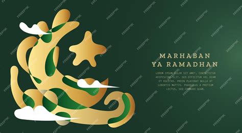 사용자 지정 타이포그래피 및 일러스트레이션이 포함된 Marhaban Ya Ramadhan 인사말 이슬람 인사말 배경은 Eid