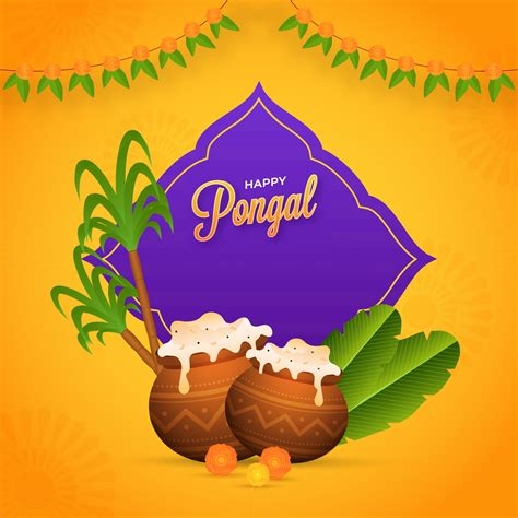 Happy Pongal Concept With Rice Mud Pots Banana Leaves Sugarcane And