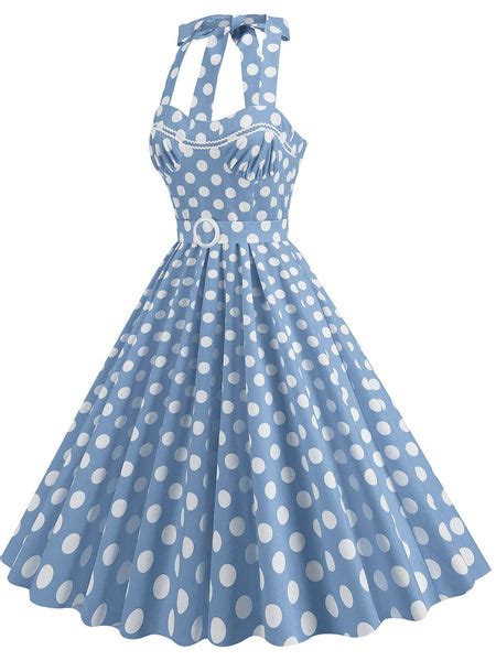 1950s Polka Dot Halter Neck Belt Dress Retro Stage