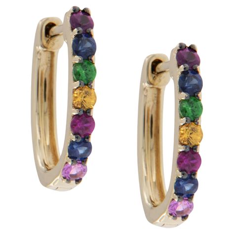 14 Karat Yellow Gold Rainbow Gemstone Hoop Earrings For Sale At 1stdibs