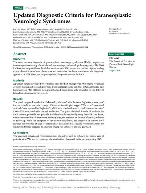 PDF Updated Diagnostic Criteria For Paraneoplastic Neurologic Syndromes