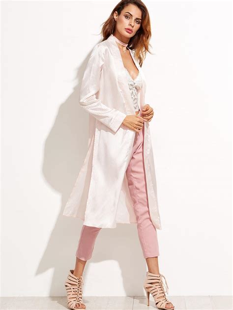 Pink Striped Open Front Slit Side Outerwear Emmacloth Women Fast