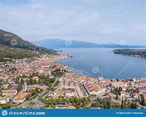 Aerial View Of Salo City On Lake Garda With Houses In The Morning Stock