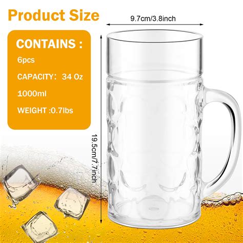 Suclain 6 Pcs Clear Plastic Beer Mugs With Handles 34 Oz Large Dimpled Beer Cups Clear Plastic