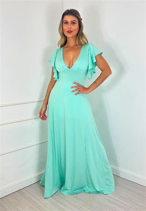 Vestido Longo Fluity Decote Em V Manguinhas Babados Verde Tiffany Cia