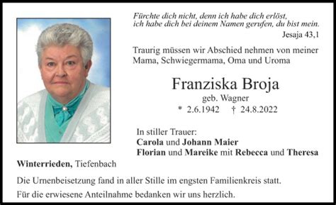 Traueranzeigen Von Franziska Broja Augsburger Allgemeine Zeitung