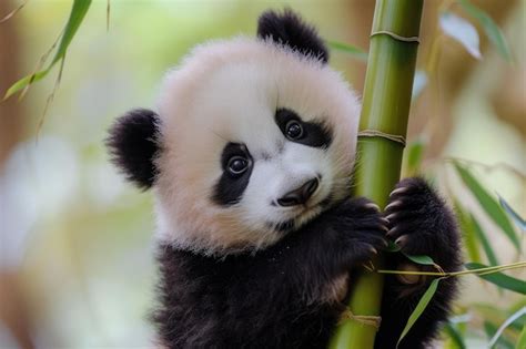 A panda bear climbing a bamboo tree with its paws on a bamboo fuzzy ...