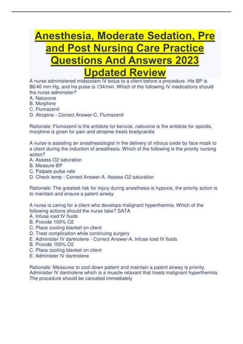 Anesthesia Moderate Sedation Pre And Post Nursing Care Practice Questions And Answers 2023