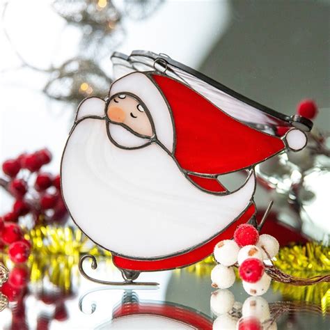 Santa Stained Glass Christmas Suncatcher Modern Stained Glass Etsy