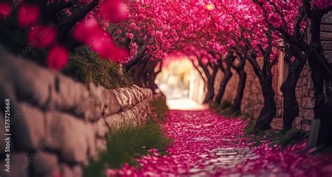 Sakura Cherry Blossoming Alley Wonderful Scenic Park With Rows Of