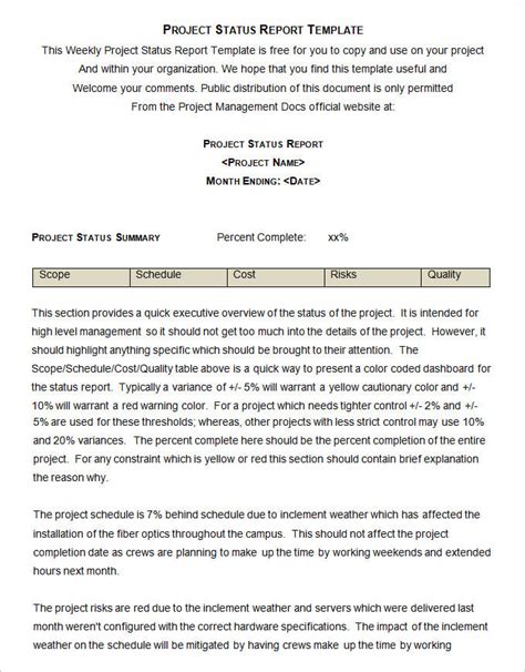 Free Project Status Report Template