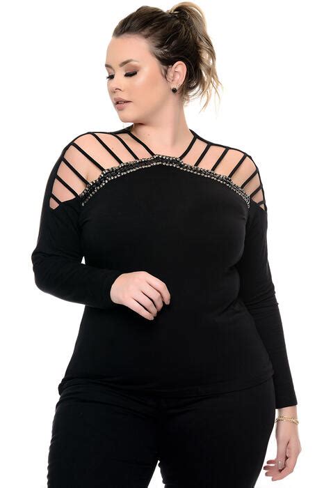 Blusa Plus Size Preta Decote Diferenciado Vk Moda Plus Size