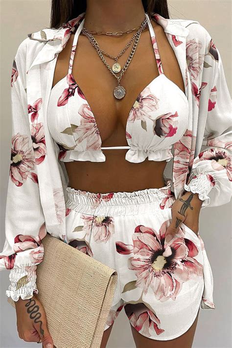 Cream White Sexy Print Split Joint Turndown Collar Long Sleeve Three