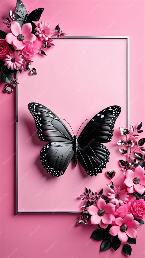 Premium Photo Pink Background With Black Butterfly And Pink Flowers