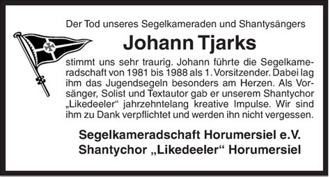 Traueranzeigen Von Johann Harms Tjarks Nordwest Trauer De