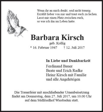 Traueranzeigen Von Barbara Kirsch Vrm Trauer De