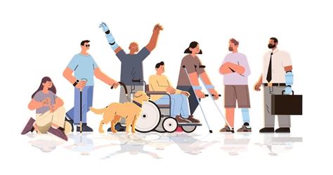 Groupe De Jeunes Hommes Et Femmes Handicapés Debout Ensemble Se Sentant Positifs Et Confiants