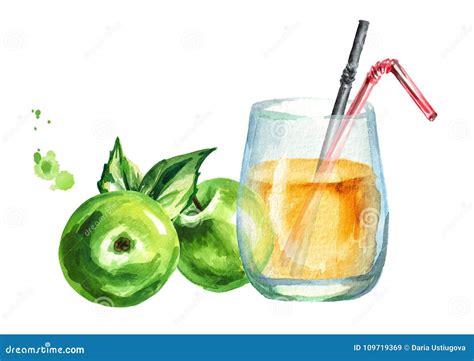 Glass Of Apple Juice Fron Green Fruits Watercolor Hand Drawn