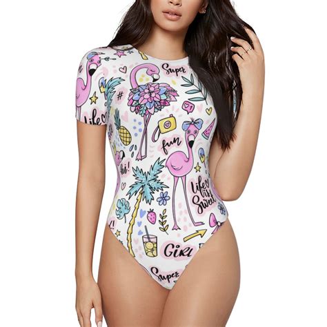 Gaeub Summer With Flamingo Womens Short Sleeve One Piece Swimsuit Sexy