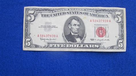 Vintage $5 FIVE DOLLAR BILL Red Seal Circulated 1963 miscut on left side | #4618467928