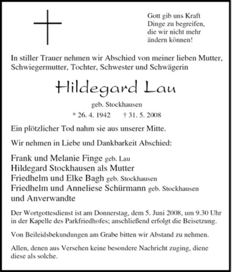 Traueranzeigen Von Hildegard Lau Trauer In NRW De