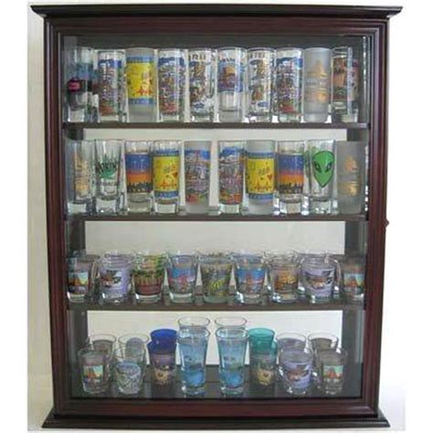 Tall Shooter Hard Rock Souvenir Shot Glass Display Case With Glass Door Mirror Back In Mahogany