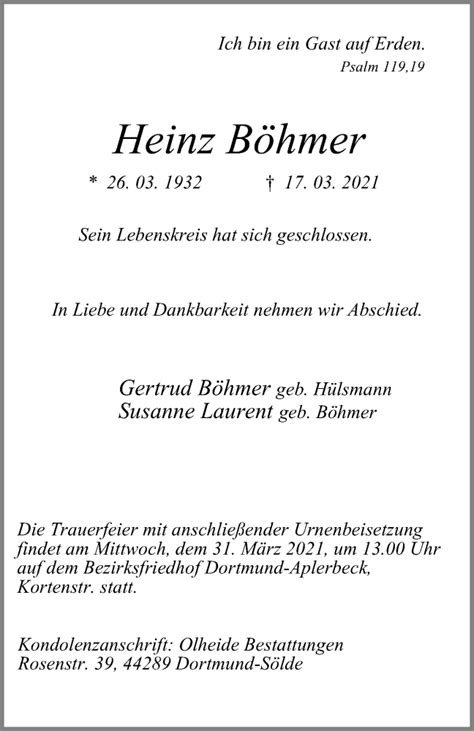 Traueranzeigen von Heinz Böhmer Trauer in NRW de