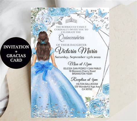 Plantilla Editable De Invitaci N De Quincea Era Azul Beb Claro Plata