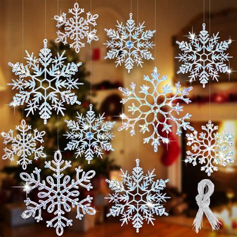 Ayieyill 8pcs Large Glittery Plastic Snowflakes 12 Christmas Tree