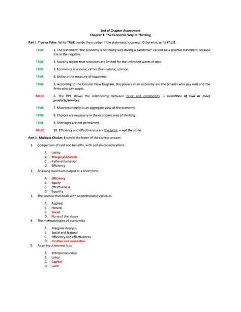 Econ Chapter Assessments Chapter The Economic Way Of Thinking Part