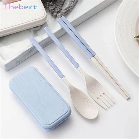 Pcs Set Reusable Folding Wheat Straw Chopstick Spoon Fork Cutlery Set