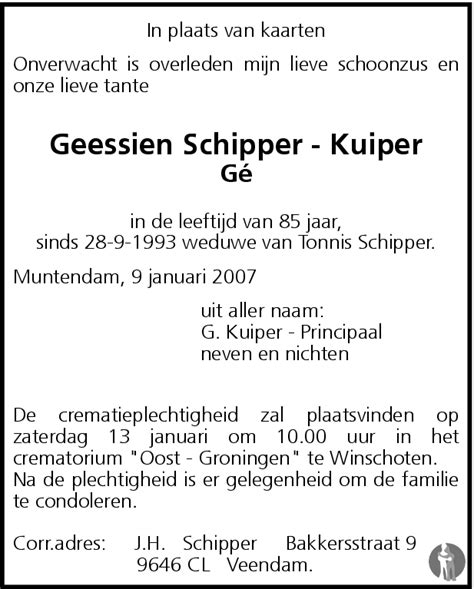 Geessien Ge Schipper Kuiper 09 01 2007 Overlijdensbericht En