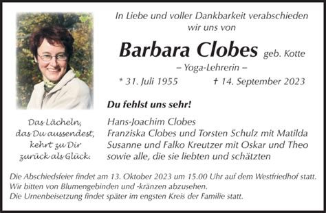 Traueranzeigen Von Barbara Clobes Abschied Nehmen De