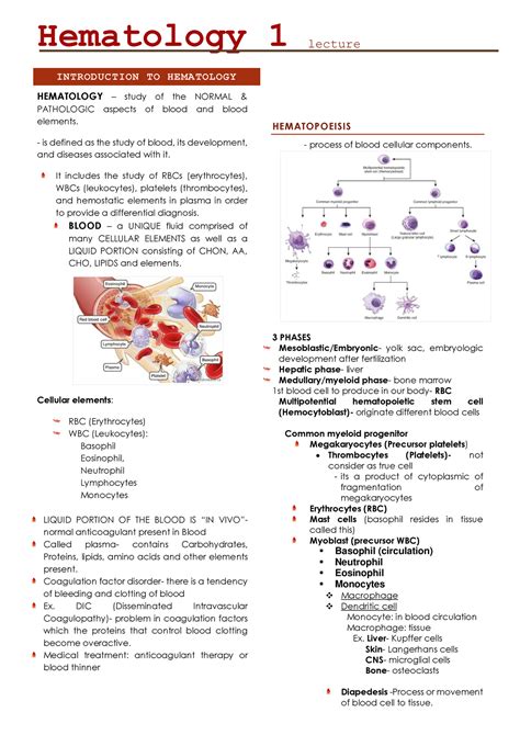 Hema Study Notes Reviewer Hematology Lecture Introduction To