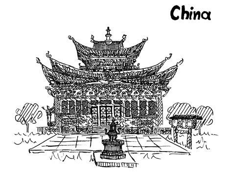 ancient chinese temple sketch drawing ancient vista 4245274 Vector Art ...