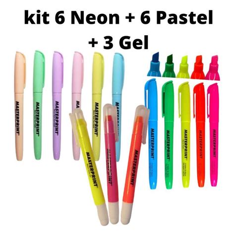 Kit Marca Texto Masterprint Neon Pastel Gel Caneta Gel