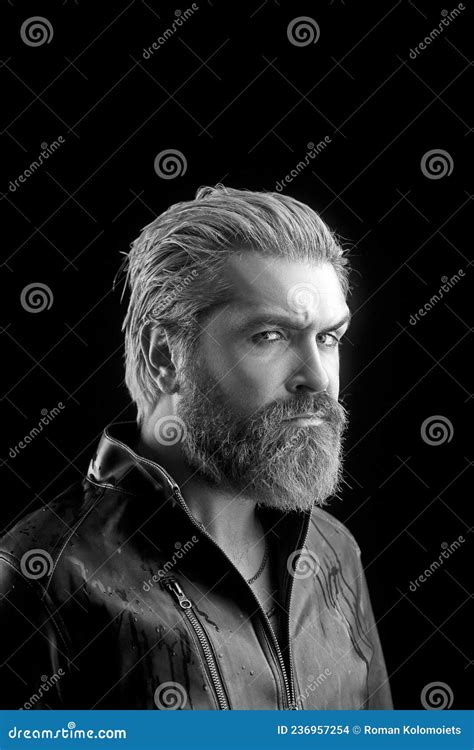 Bearded Man in Leather Jacket and Wet Hair. Masculinity, Power ...