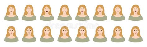 Set Of White Blonde Woman Emotions Variations Of Female Facial