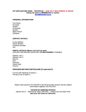 Fillable Online EFT APPLICATION FORM TEE2PIN GC JUNE JULY 2010 Fax