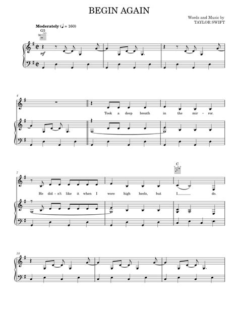 Begin Again Sheet Music For Piano Vocals By Taylor Swift Official