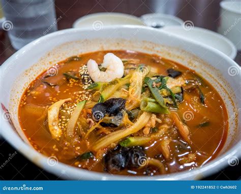 Jjamppong Korean Noodle Soup With Red Spicy Seafood Based Broth